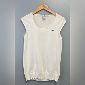 Lacoste women's white ribbed knit with cap sleeves and scooped neckline.